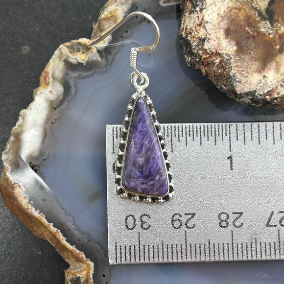 Sterling Silver Southwestern Style Triangle Charoite Dangle Earrings For Women - Picture 9 of 10